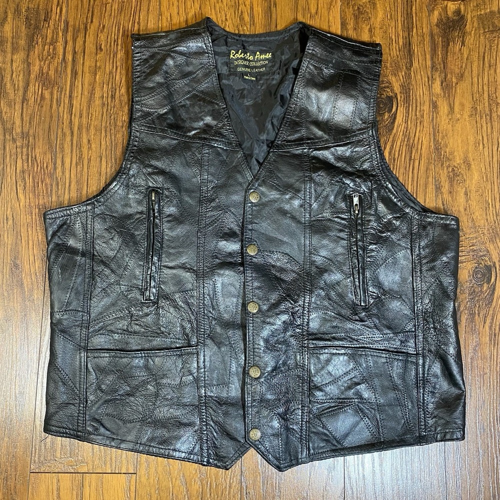 Roberto Amee Leather Vest Men's Large Black Genuine Pig Skin Biker Bomber Y2K‎